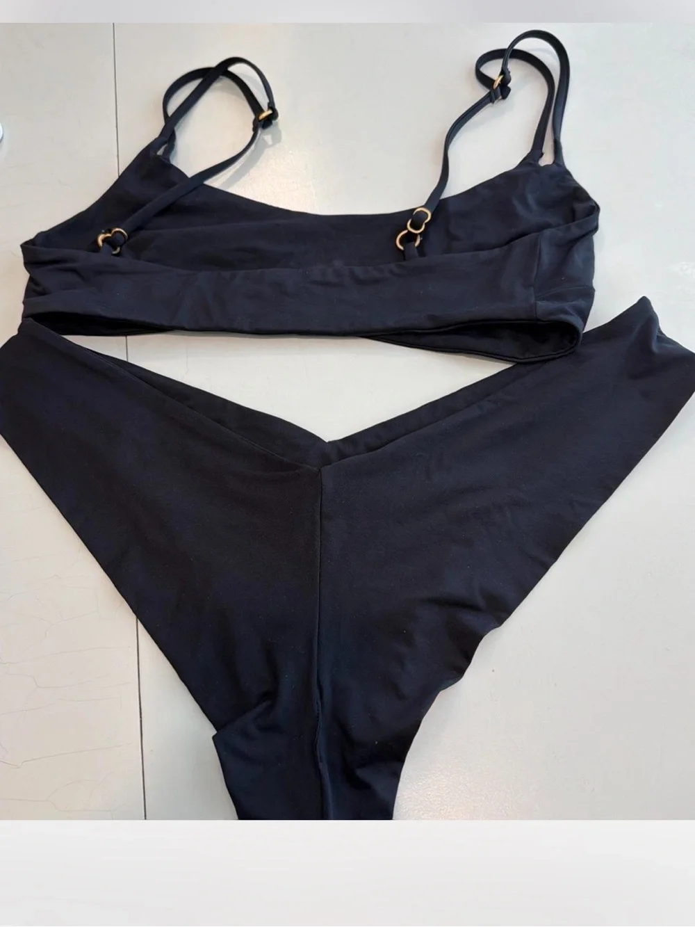 L*Space Black Bikini Set Scoop Bralette Top High Leg Cheeky Bottoms Women’s L